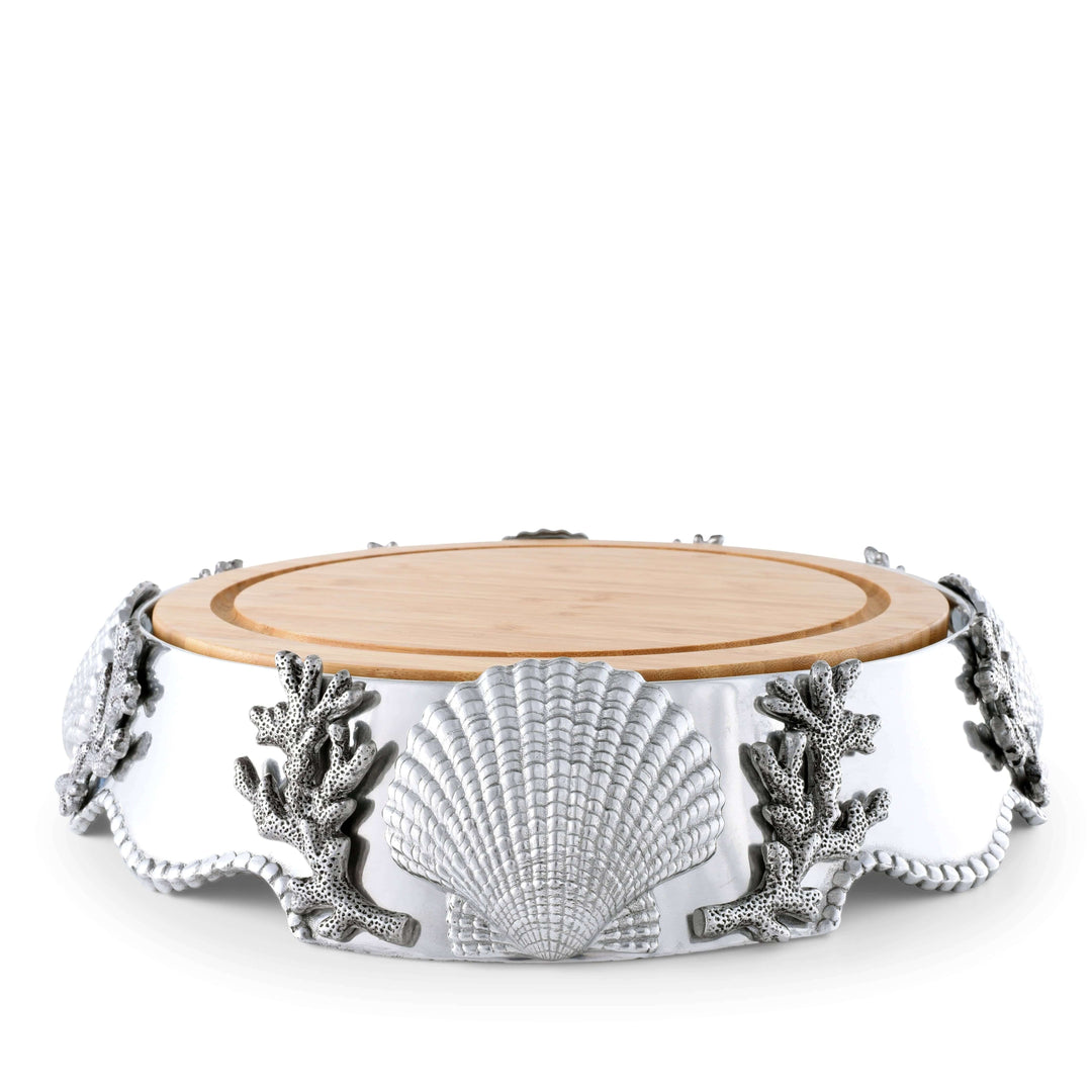 Handcrafted Coastal Shell and Coral Cheese Board Pedestal with ocean-inspired design