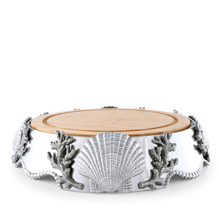 Handcrafted Coastal Shell and Coral Cheese Board Pedestal with ocean-inspired design
