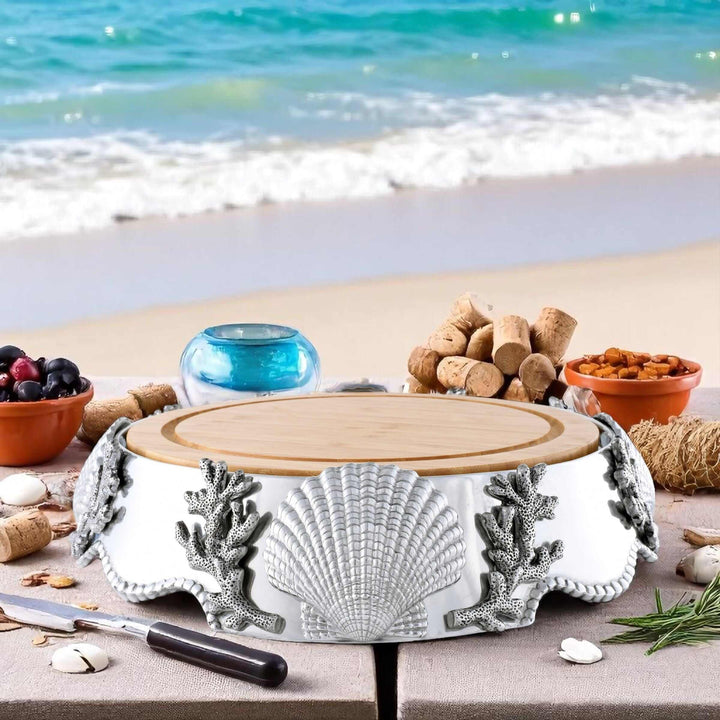 Coastal Shell and Coral Cheese Board Pedestal on a beach-themed table setup, perfect for ocean-inspired dining and entertaining.