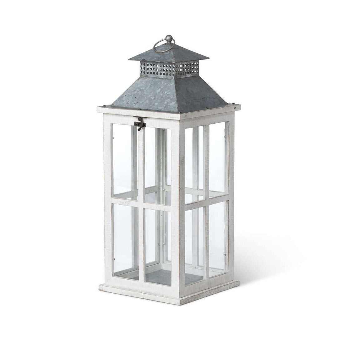 Coastal Whitewash Wood and Glass Lantern with Galvanized Metal Top, featuring seaside charm and elegant coastal décor.