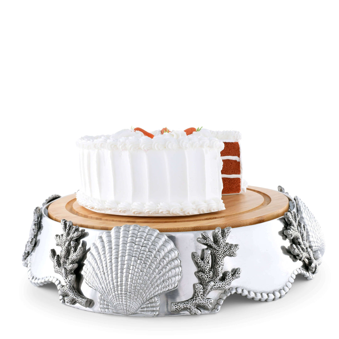 Decorative Coastal Shell and Coral Cheese Board Pedestal with cake slice