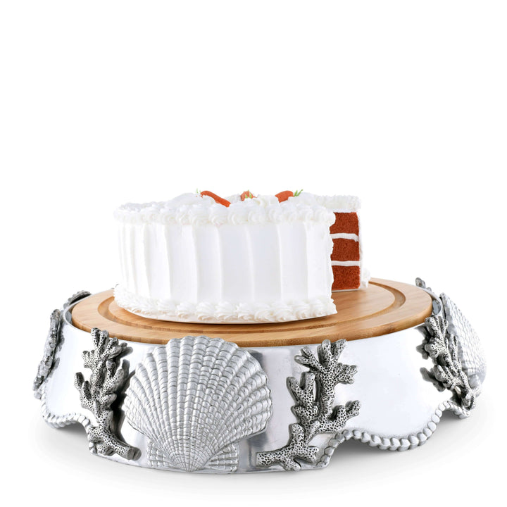 Decorative Coastal Shell and Coral Cheese Board Pedestal with cake slice