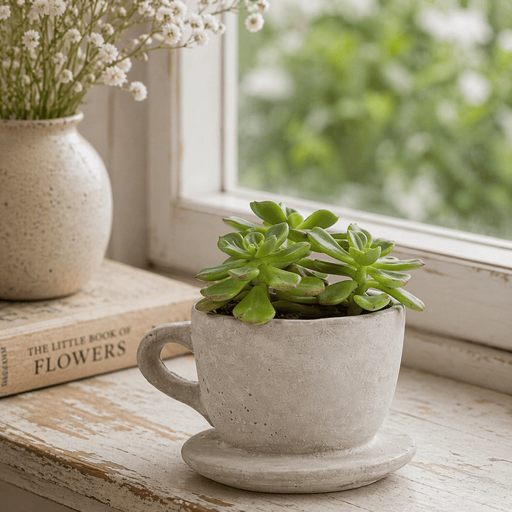 Single concrete teacup planter with attached saucer and succulent