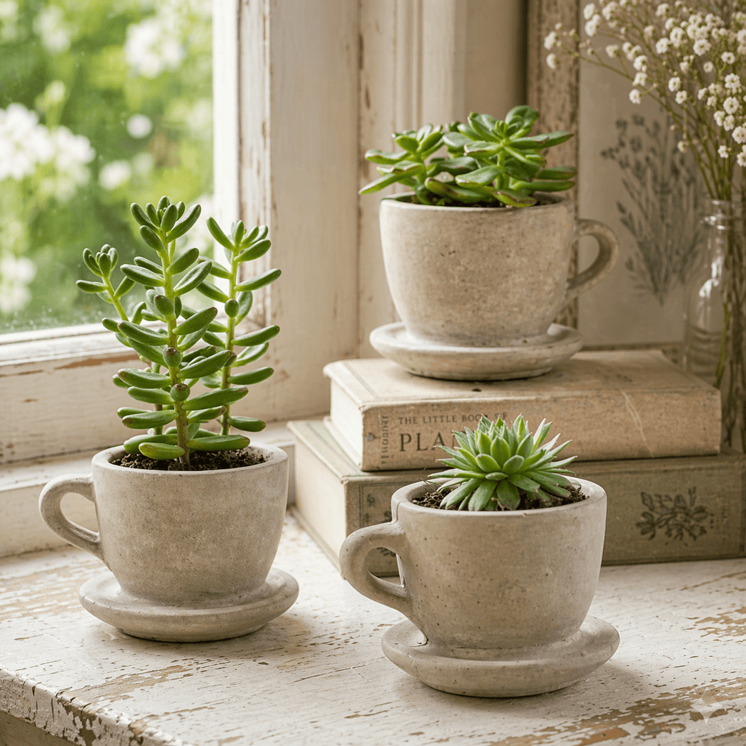 Concrete teacup planters with succulents beside a cottage window