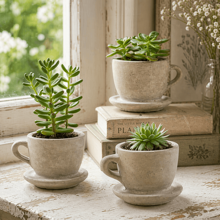 Concrete teacup planters with succulents beside a cottage window