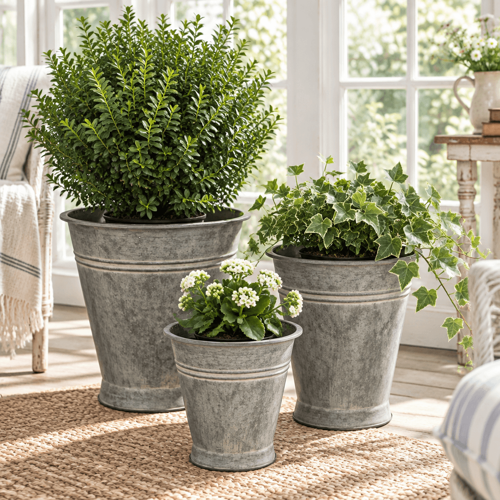 Three graduated bucket planters styled with greenery in a bright vintage-inspired sunroom.