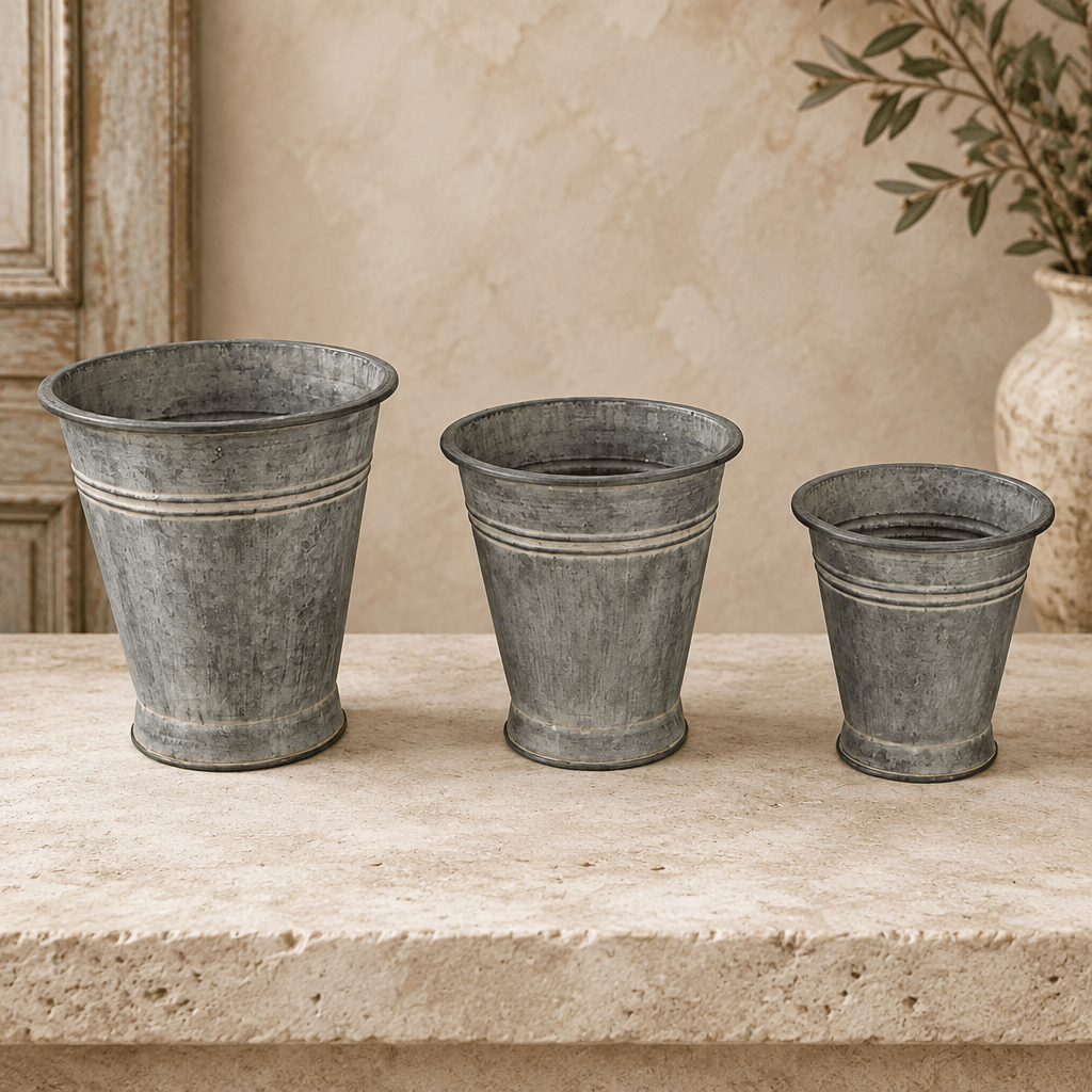 Metal bucket planter set showing aged surface texture, rolled rims, and horizontal bands.