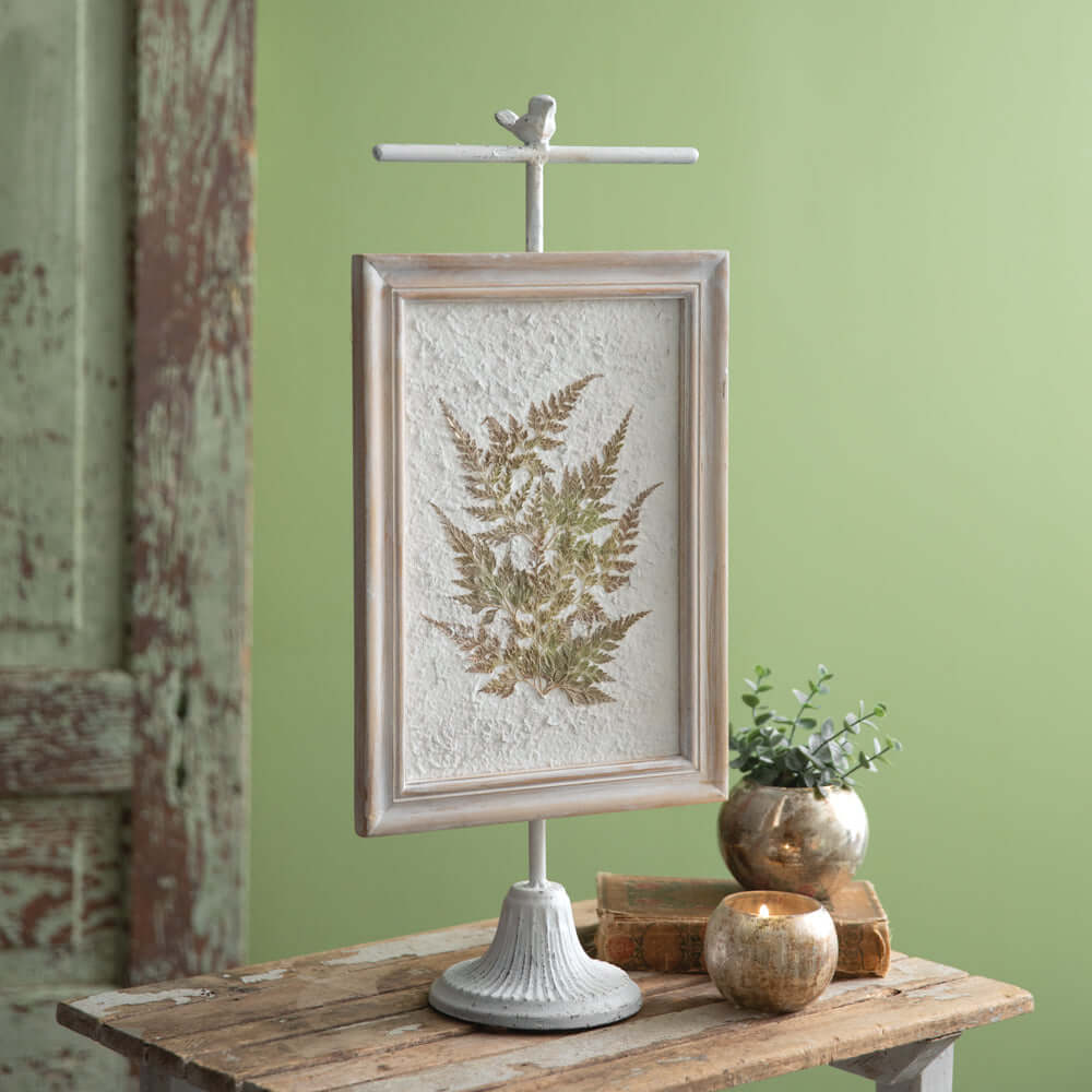 Cottagecore Pressed Botanical Fern on Stand, showcasing preserved fern fronds on textured paper, perfect for timeless home decor.