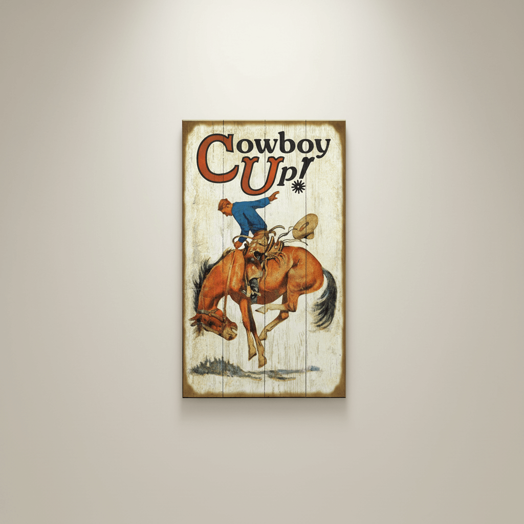Vintage-style sign with a cowboy on a horse and 'Cowboy Up!' text on a beige background