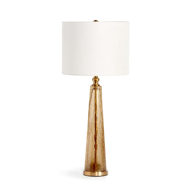 Crackled glass table lamp with white linen shade and brown base, adding elegance and warmth to any room.
