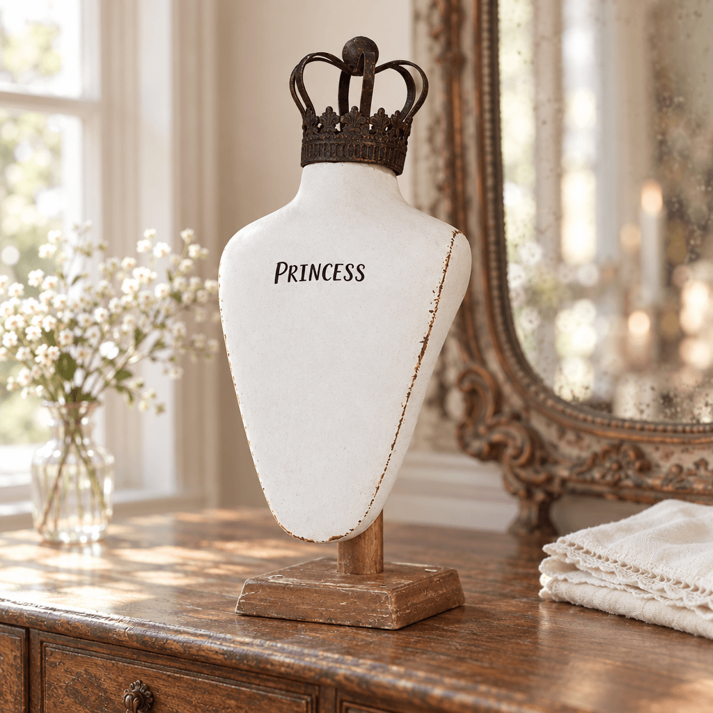 Crowned Resin Jewelry Bust styled on a wooden vanity beside a vintage mirror and ivory linen