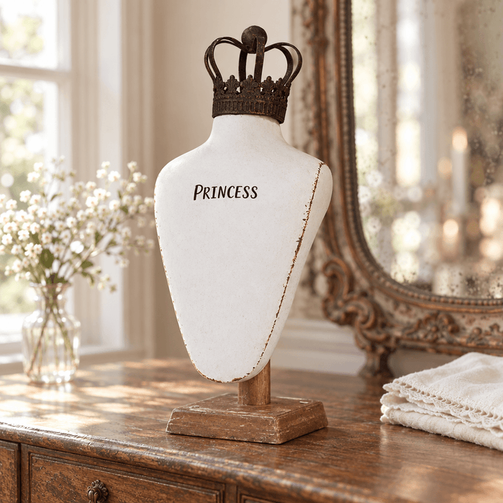 Crowned Resin Jewelry Bust styled on a wooden vanity beside a vintage mirror and ivory linen