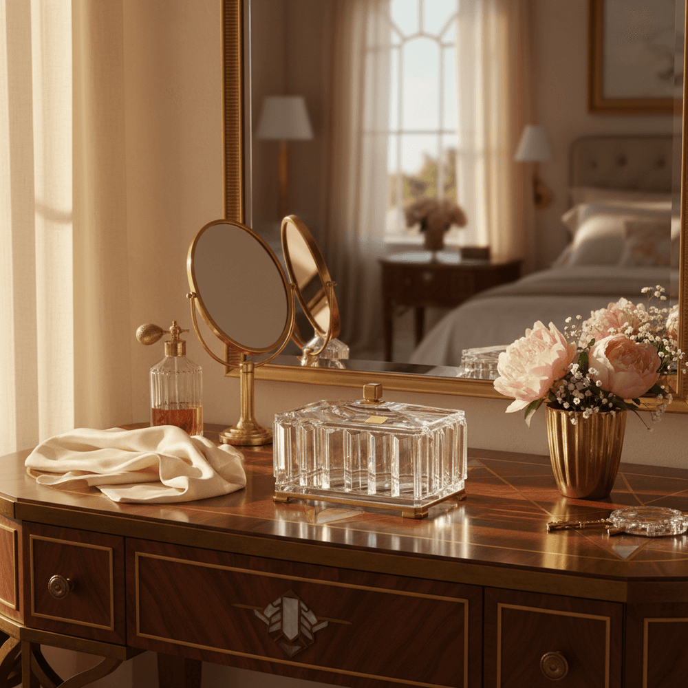 Wooden vanity table with decorative items including a mirror, flowers, and a crystal box.