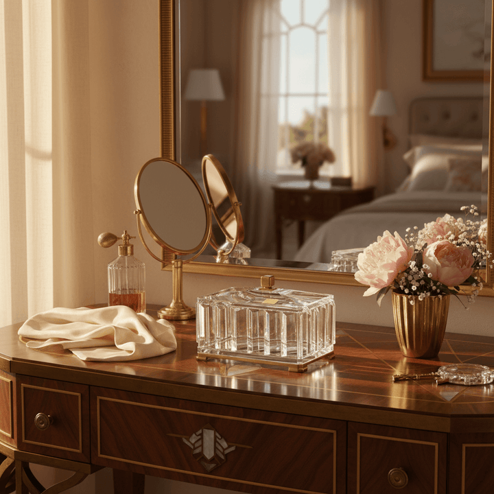 Wooden vanity table with decorative items including a mirror, flowers, and a crystal box.
