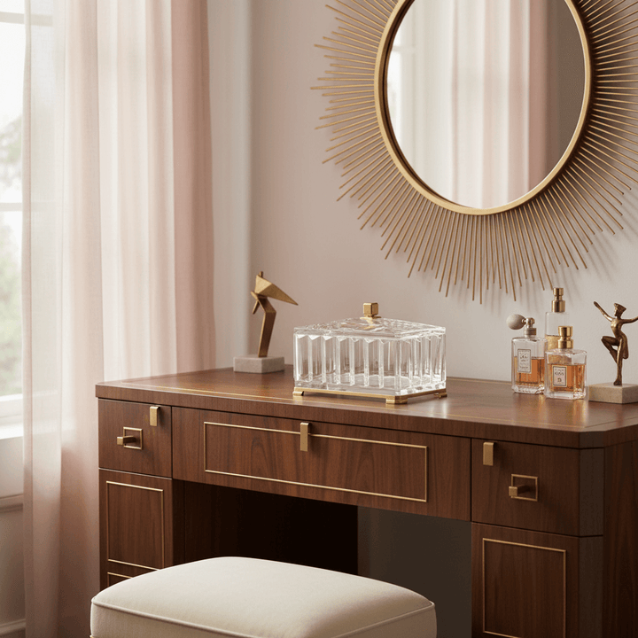 Wooden vanity with decorative mirror, perfume bottles, and sculptures in a softly lit room.