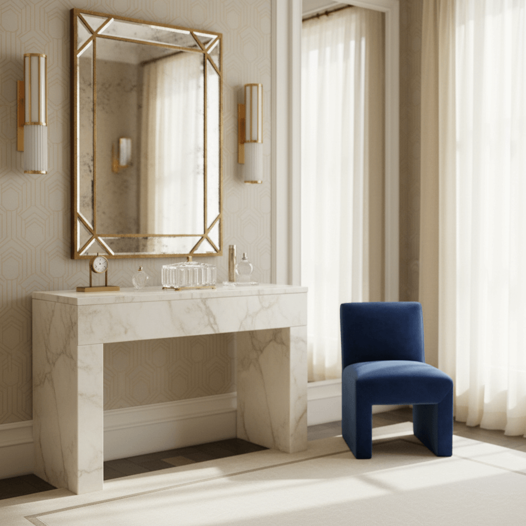 Room with a large mirror, wall sconces, and a blue chair. Various items such as a crystal box, clock and other accents on console.