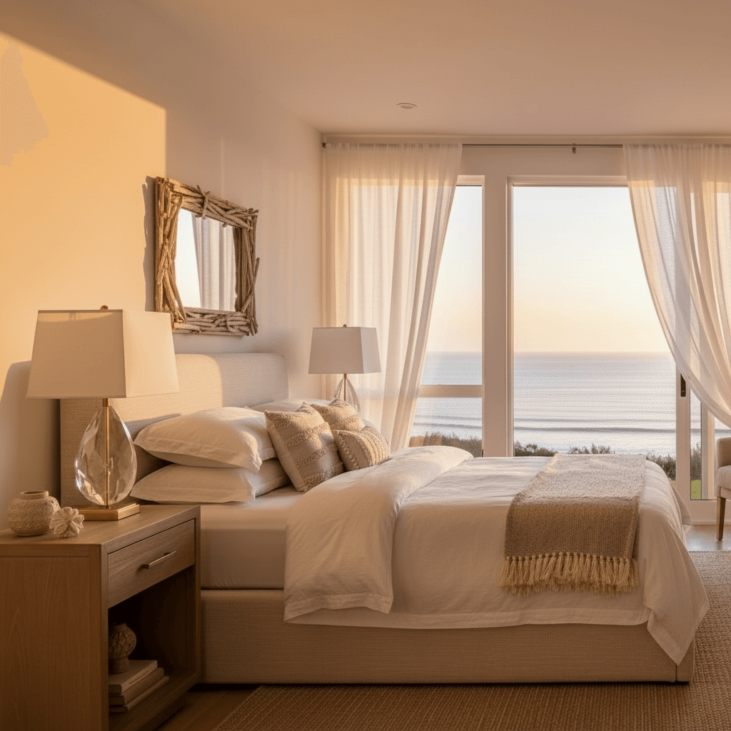 Bedroom with a large bed, nightstands, and a view of the ocean.