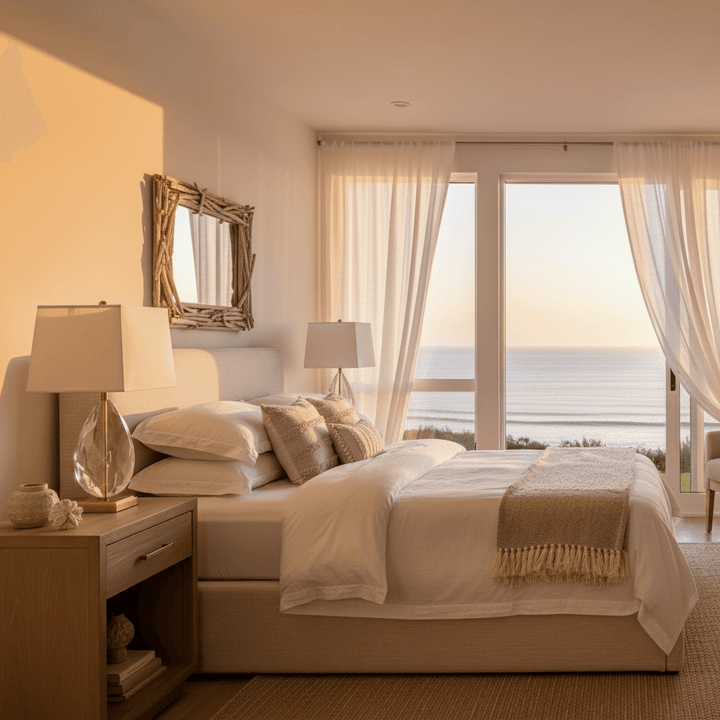 Bedroom with a large bed, nightstands, and a view of the ocean.