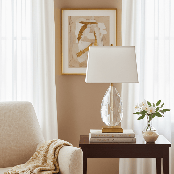 Decorative lamp on a side table with books and a plant, against a neutral wall with abstract art.