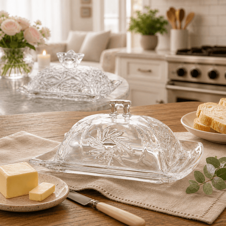 Crystal-Cut Glass Butter Dish with Lid styled on a warm kitchen table
