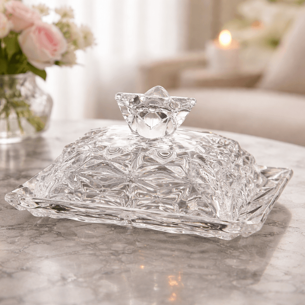Faceted Style A Crystal-Cut Glass Butter Dish with Lid