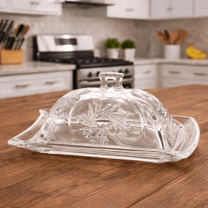 Style B Crystal-Cut Glass Butter Dish with Lid in a bright kitchen