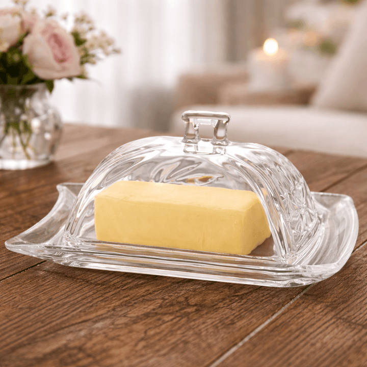 Crystal-Cut Glass Butter Dish with Lid holding a stick of butter