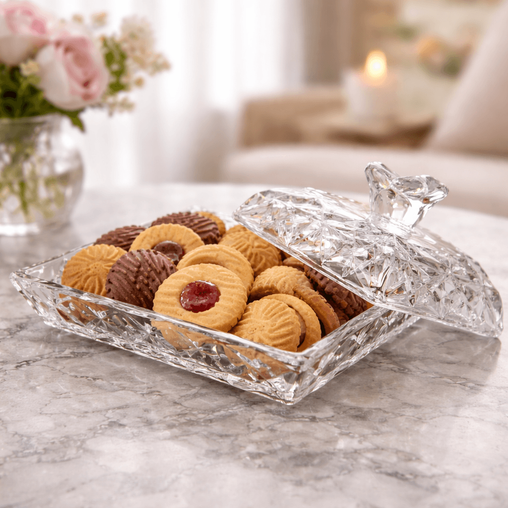 Open Crystal-Cut Glass Butter Dish with Lid filled with cookies