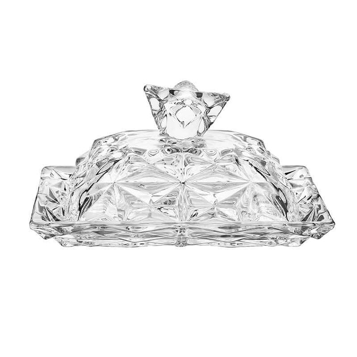 Crystal-Cut Glass Butter Dish with Lid against a plain white background