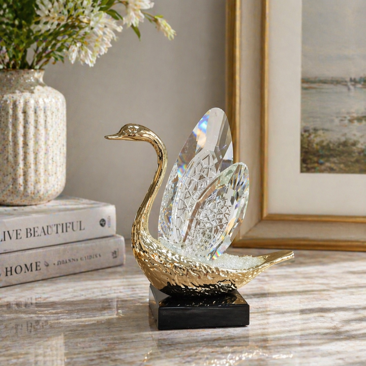 Crystal Glass Swan Figurine with Gold-Tone Accent on a black display base