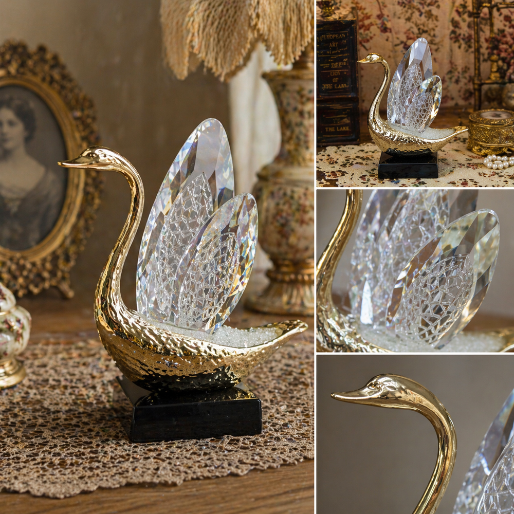 Collage showing the faceted crystal wings and polished gold-tone swan profile