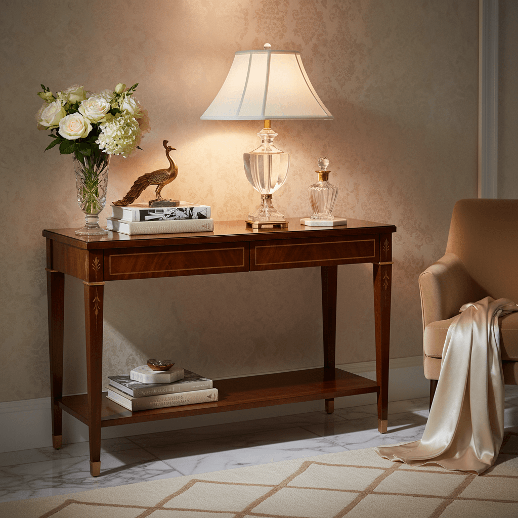 Table lamp on wooden console table with decorative items against a beige wall