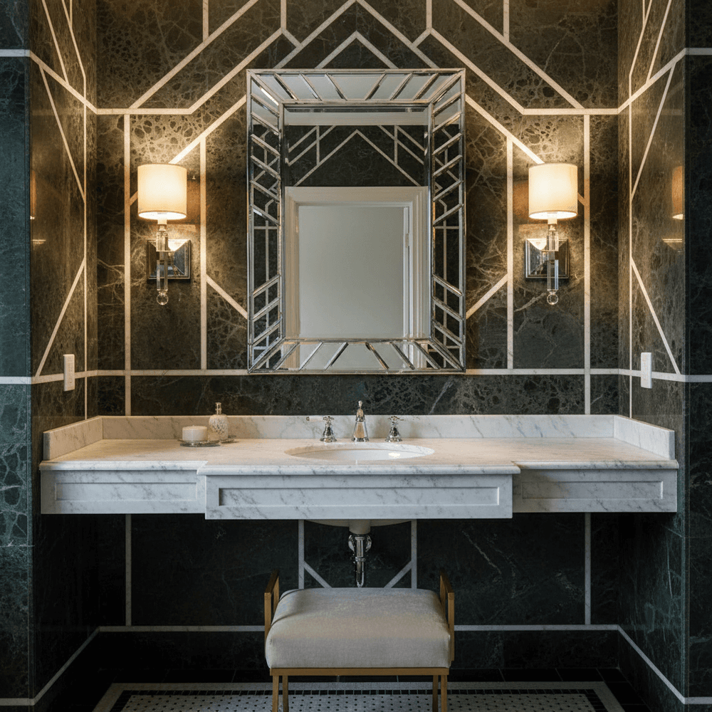 Elegant bathroom featuring a Crystal Wall Sconce with Polished Nickel Trim and Linen Shade, creating a sophisticated ambiance.