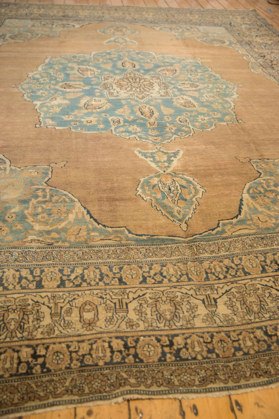 Antique Tea Washed Persian Kerman Carpet with Oversized Medallion