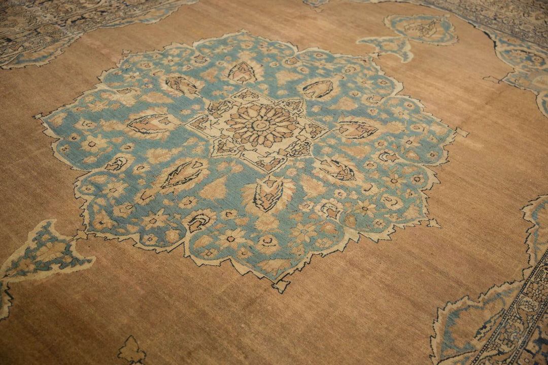 Antique Tea Washed Persian Kerman Carpet with Oversized Medallion