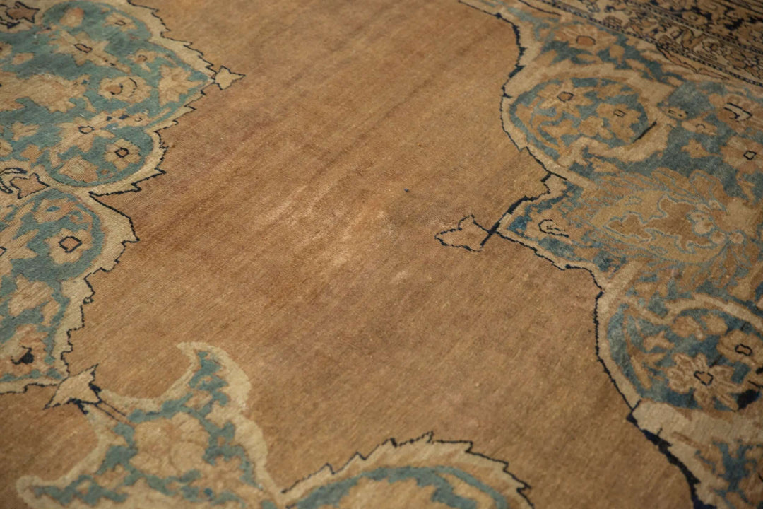 Antique Tea Washed Persian Kerman Carpet with Oversized Medallion