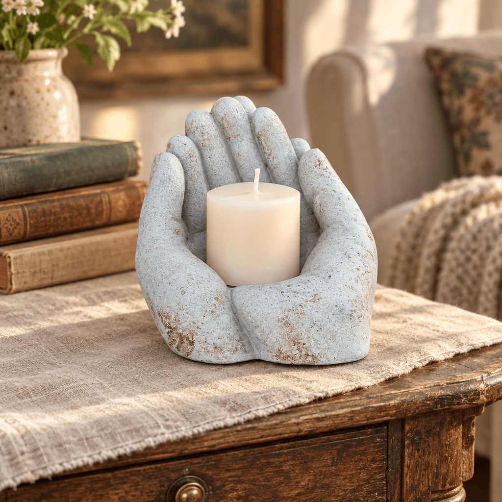 Cement cupped-hands holder displaying an ivory candle on a vintage wooden side table