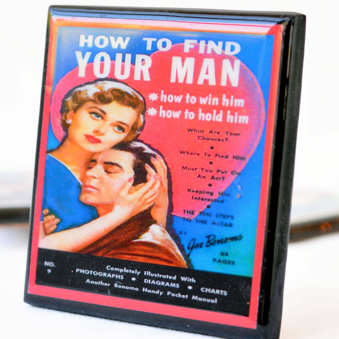 Vintage coaster titled 'How to Find Your Man' with a couple embracing on a blue background.