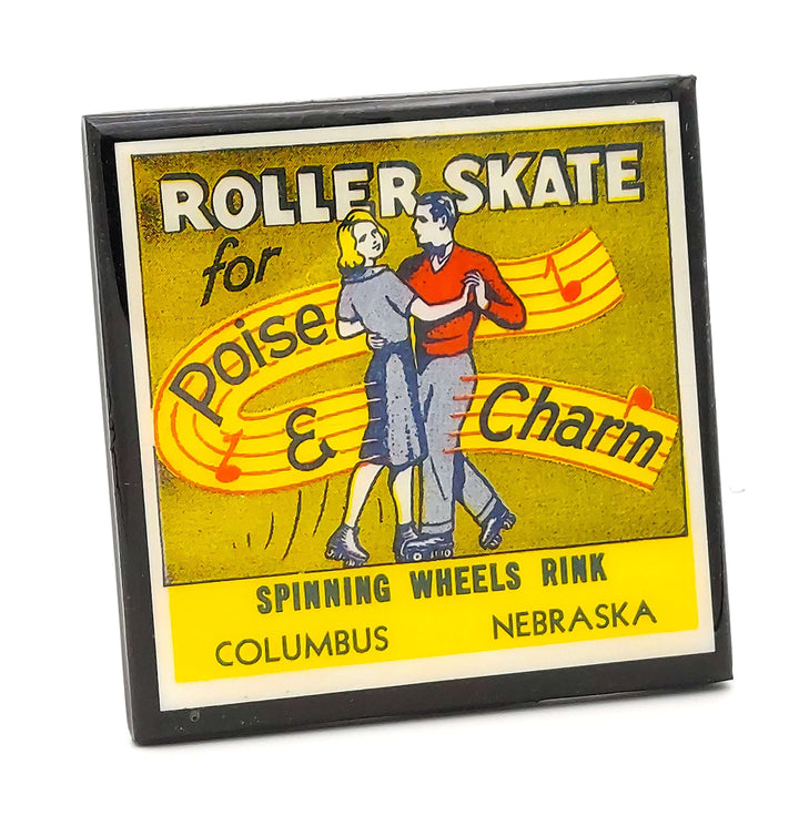 Vintage-style advertisement for roller skates with a couple on a yellow background.