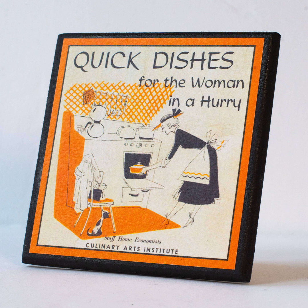 Coaster of a book cover of 'Quick Dishes for the Woman in a Hurry' with illustrations on a white background