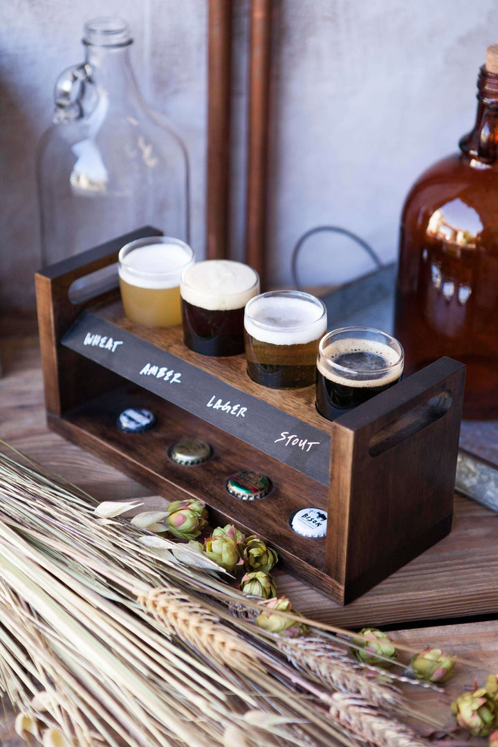 Rustic Craft Beer Flight Tasting Set with four beer glasses on handcrafted acacia wood tray for connoisseurs