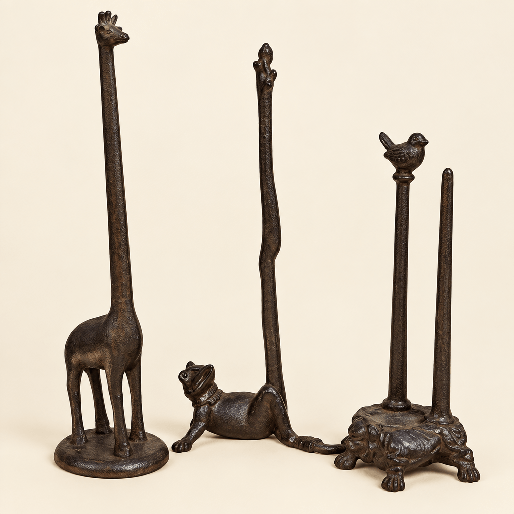 Decorative cast iron holders displayed on a warm ivory studio background.
