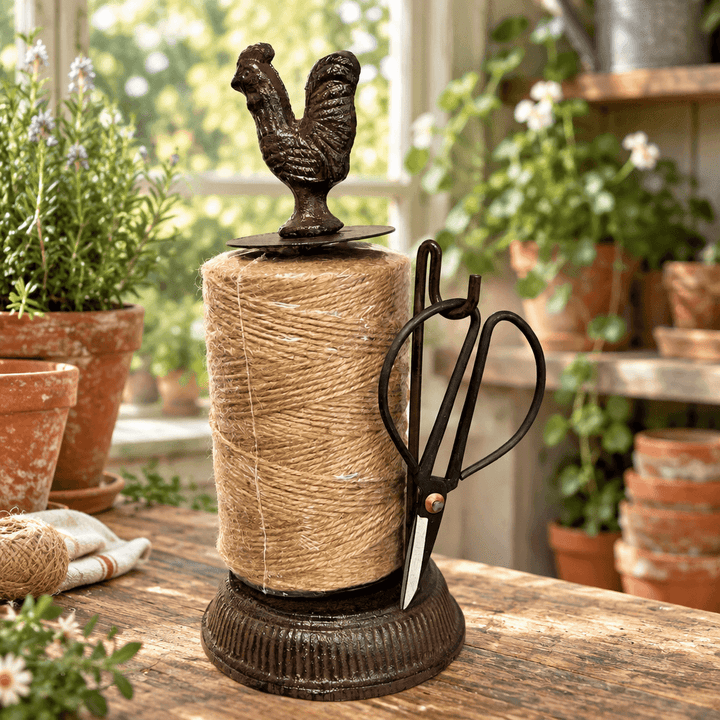 Rooster-style cast iron twine dispenser on a styled garden workbench