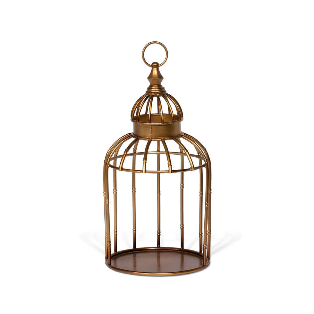 Decorative vintage gold birdcage centerpiece stand with domed top and ring finial, perfect for antique-inspired home décor.