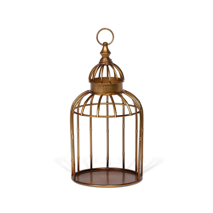Decorative vintage gold birdcage centerpiece stand with domed top and ring finial, perfect for antique-inspired home décor.