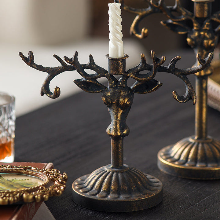 Short Deer Antler Taper Candle Holder with branching antler silhouette