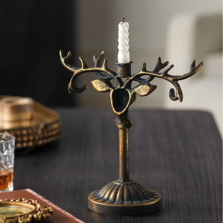 Tall Deer Antler Taper Candle Holder with distressed bronze-gold finish