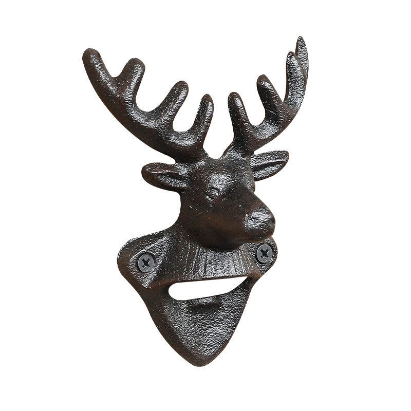 Front view of Deer Head Cast Iron Wall Bottle Opener and sculpted antlers