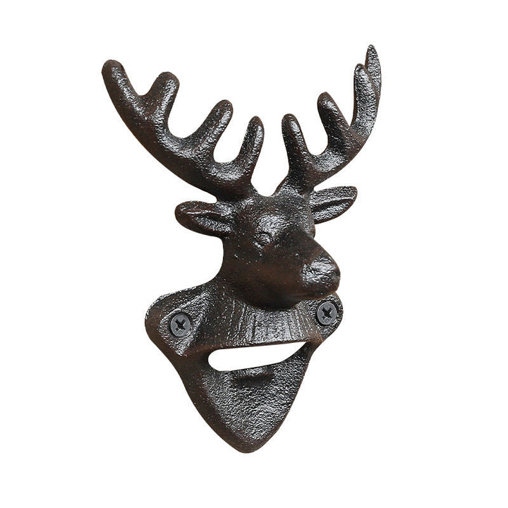 Front view of Deer Head Cast Iron Wall Bottle Opener and sculpted antlers