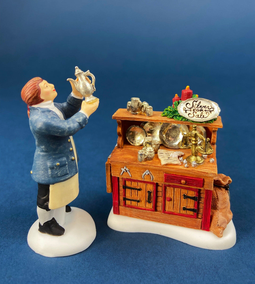 Dept. 56 Figurines. Silver for Sale. Christmas Village Accessories. Silverware Vendor & Cabinet with Silver.